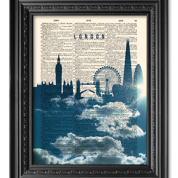 London Skyline Poster, London Cityscape England, Vintage Buchkunstdruck, Wörterbuch Kunstdruck, Wandkunst, Home Wall Decor, Home Art [ART 005]