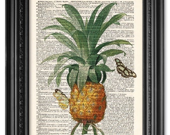 Pineapple with butterflies, Dictionary art print, Vintage book art print, Botanical art print, Home Wall Decor, Pineapple print [ART 073]