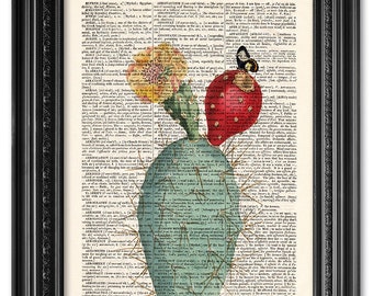 Cactus and butterfly, Dictionary art print, Kitchen decor, Vintage book art print, upcycled dictionary page, Home Wall Decor, Gift [ART 081]