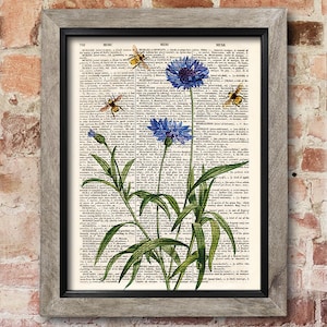 Bees Cornflower print, Dictionary art print, Old book pages, Kitchen decor, Dining room decor, Flowers Wall Decor, New home gift