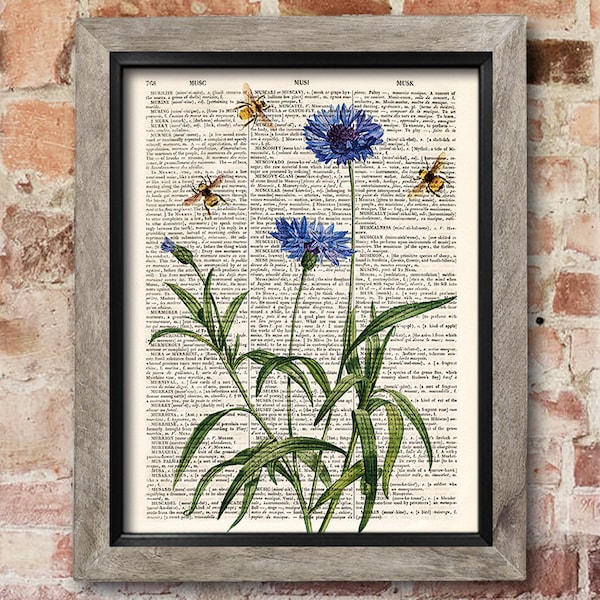 Bees Cornflower print, Dictionary art print, Old book pages, Kitchen decor, Dining room decor, Flowers Wall Decor, New home gift