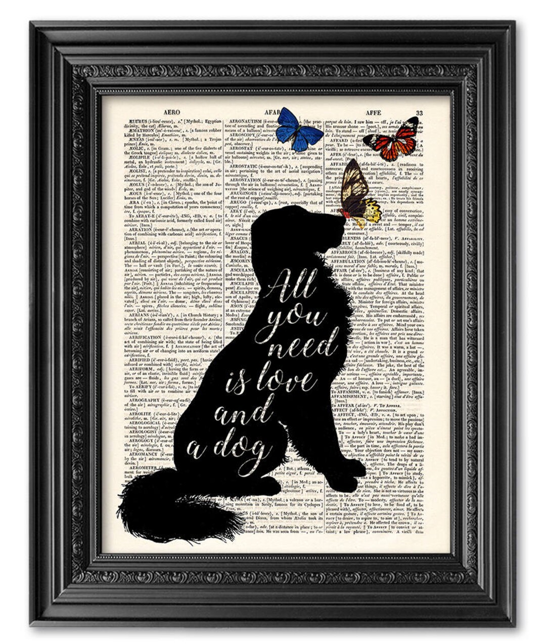 Dog Quote Print, Dictionary Art Print, Antique Book Page, Dog Butterflies, Illustration, Home ...