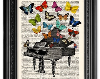 Piano print, Butterflies poster, Dictionary art print, Wall art, Illustration print, Old book page, Home Wall Decor, Gift poster [ART 010]
