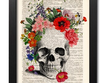 Skull with flowers, Skull print, Flower print, Art print, Illustration print, Dictionary art, Valentine gift, Old Book Page, Doctor gift