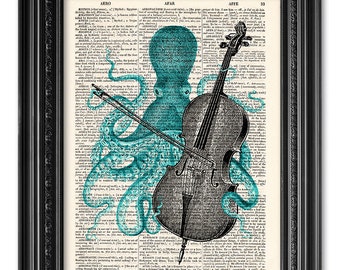Octopus playing Cello, Octopus print, Dictionary art print, Vintage book art print, dictionary paper print, Home Wall Decor [ART 100]