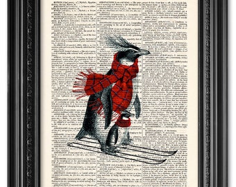 Penguin skiing print, Nursery decor, Vintage book art print, Old book page print, Penguin print, Home Wall Decor, Gift poster [ART 086]