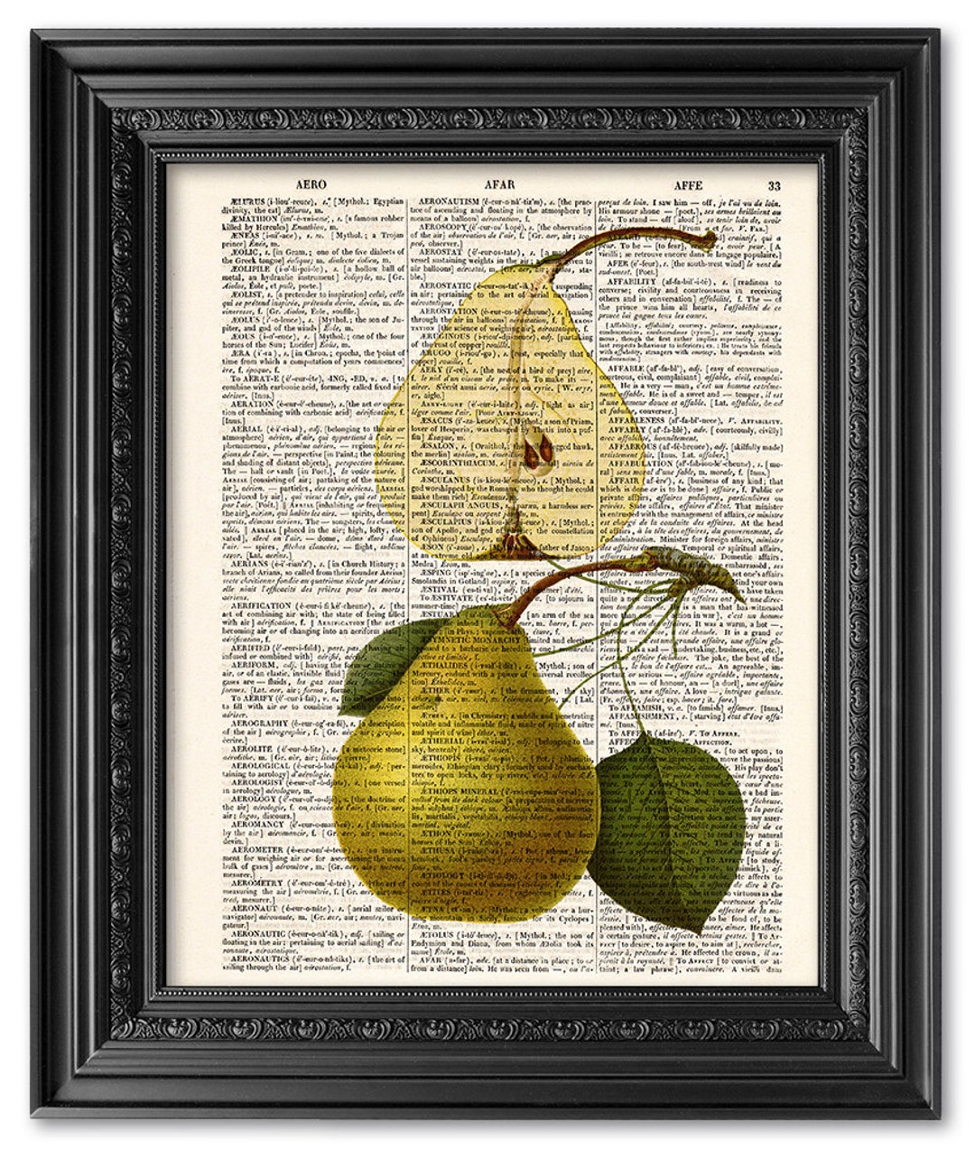Pear Print, Dictionary Art Print, Kitchen Art, Kitchen Decor, Vintage