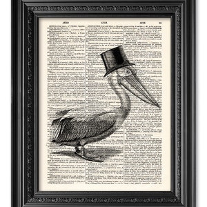 Pelican Bird Gentleman, impressão de arte de dicionário, obra de arte original, arte de parede de casa, decoração de parede, arte Geekery, pôster de presente engraçado [ART 138]