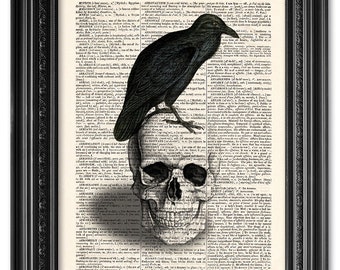 Skull art, Skull and Raven, Dictionary art print, Vintage book art print, upcycled dictionary page, Home Wall Decor, Gift poster [ART 106]