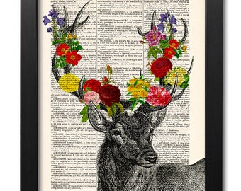 Deer with flowers, Deer print, Flowers print, Deer head, Art print, Illustration print, Dictionary art, Gift for her, Gift poster [ART 039]