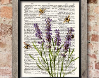 Lavender with Bees, Dictionary art print, Kitchen decor, Flowers print, upcycled dictionary page, Home Wall Decor, Botanical print [ART 065]