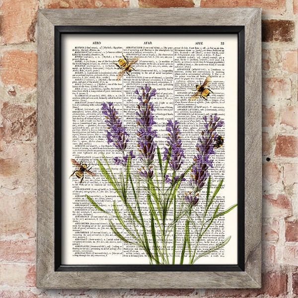 Lavendel mit Bienen, Wörterbuch Illustration, Kunstdruck für Küche, Blumen Dekor, upcycled Wörterbuchseite, Home Wand Dekor [ART-065]