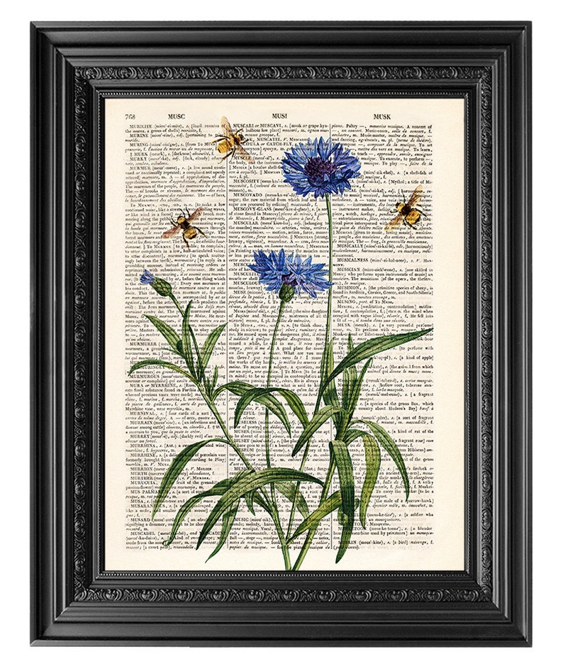 Bees Cornflower print Dictionary art print Old book pages | Etsy