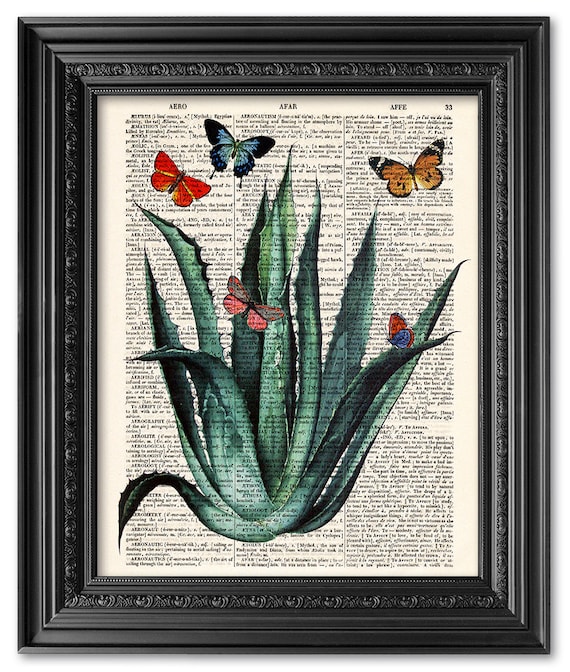 Aloe Vera Con Mariposas Impresion De Arte De Diccionario Etsy