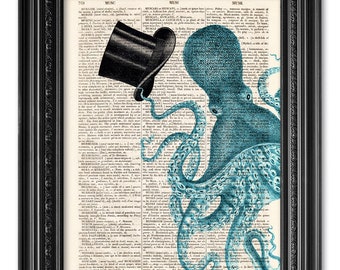 Greating octopus, dictionary art print, Original artwork, Octopus print, Home Wall Art, Wall decor, Geekery art, funny gift poster [ART 052]