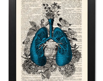 Anatomical blue lungs and flowers, Anatomical lungs print, Flower lungs, Flower print, Illustration print, Dictionary art, Gift [ART 118]