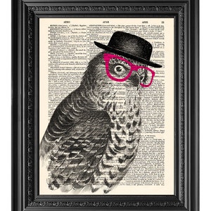 Owl wearing glasses, funny owl print, Dictionary art print, Vintage book art print, dictionary page, Home Wall Decor, Gift poster [ART 120]