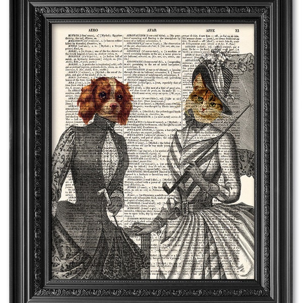 Lady Cat and Lady Dog, Dictionary art print, Vintage book art print, upcycled dictionary page, Home Wall Decor, Gift poste  [ART 104]