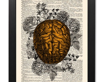 Anatomical Brain and flowers, Dictionary art print, Anatomy Print, Old book page, Anatomy art, Art Print, Gift poster [ART 007]