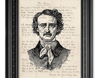 Edgar Allan Poe Art Print, The Raven Poem, Original Handwriting Edgar Allan Poe Art, Literature Poster, Literary Gift  [ART 201]