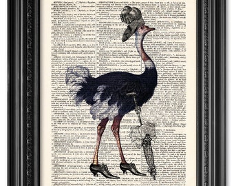 Lady Ostrich, Dictionary art print, Vintage book art print, upcycled dictionary page, Home Wall Decor, Gift poster [ART 108]