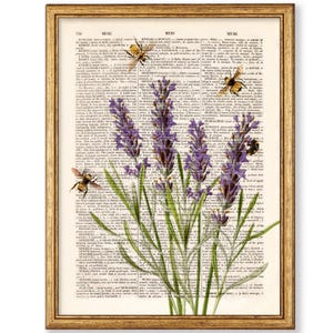 Lavande avec des abeilles, impression d'art de dictionnaire, décoration de cuisine, impression de fleurs, page de dictionnaire recyclée, décoration murale pour maison, impression botanique [ART 065]