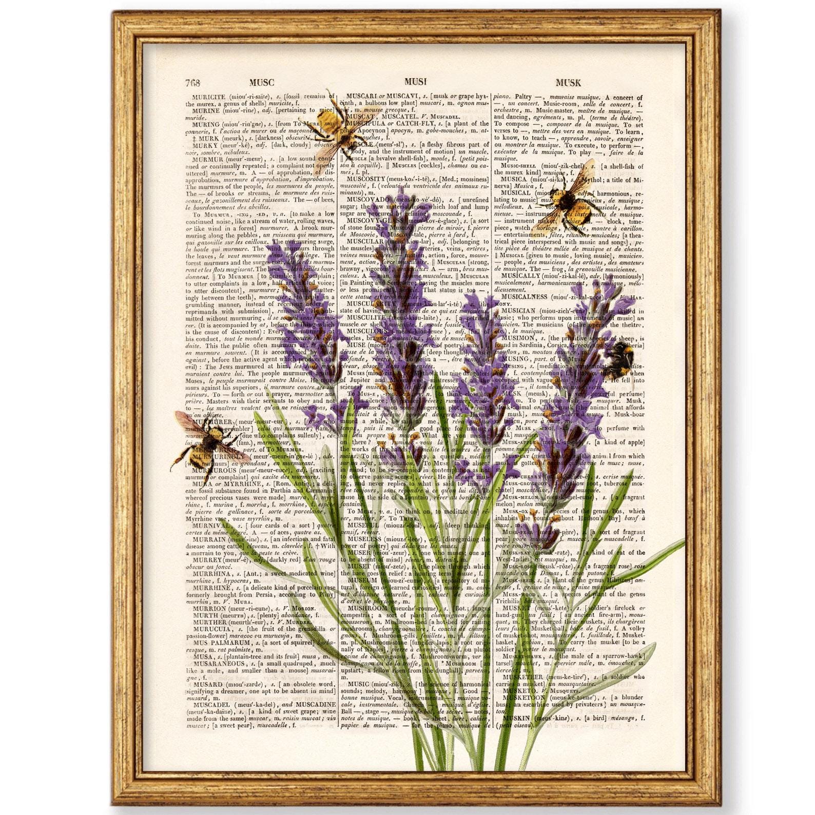Lavender with Bees, Dictionary art print, Kitchen decor, Flowers print, upcycled dictionary page, Home Wall Decor, Botanical print [ART 065]