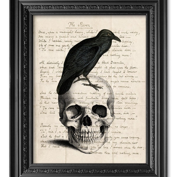 Edgar Allan Poe Art Print, Original Handwriting Edgar Allan Poe The Raven Quote Print, Raven on Skull print, Literary Gift  [ART 164]