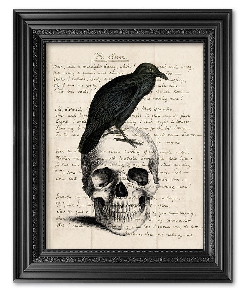 Edgar Allan Poe Art Print, Original Handwriting Edgar Allan Poe The Raven Quote Print, Raven on Skull print, Literary Gift ART 164 image 1