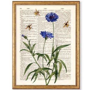 Bienen Kornblumen Druck, Wörterbuch Kunstdruck, alte Buchseiten, Küchen Dekor, Esszimmer Dekor, Blumen Wand Dekor, Neues Haus Geschenk