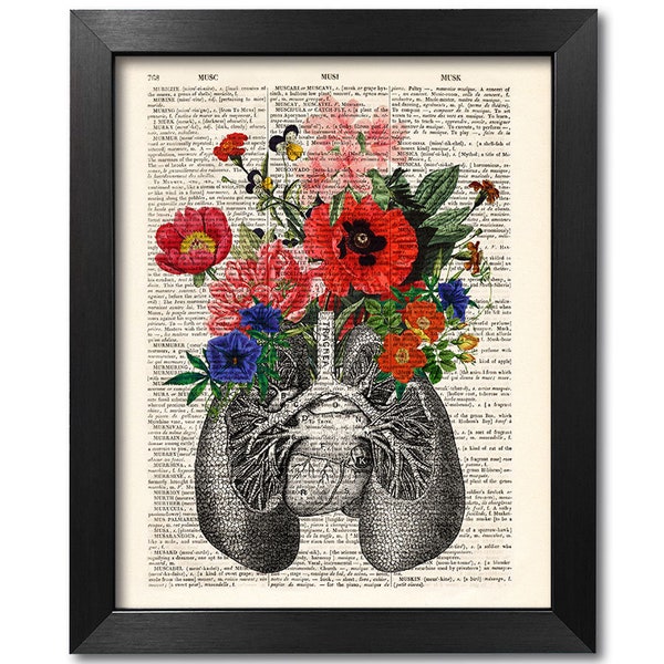 Anatomische Lunge mit Blumen, Kunstdruck anatomische Lunge, Druck auf alter Buchseite, individuelles Geschenk