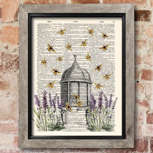 Beehive art, honey bee decor, lavender, kitchen decor, gift, Vintage print, dictionaryart print, Kitchen Wall Decor, Gift poster [ART 015]