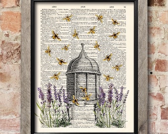 Beehive art, honey bee decor, lavender, kitchen decor, gift, Vintage print, dictionaryart print, Kitchen Wall Decor, Gift poster [ART 015]