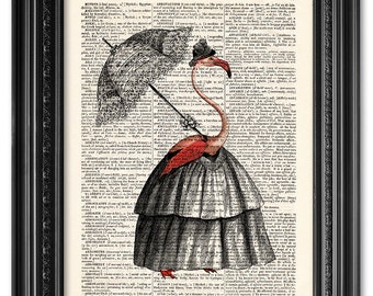 Lady Flamingo, Dictionary art print, Vintage book art print, upcycled dictionary page, Home Wall Decor, Gift poster [ART 103]