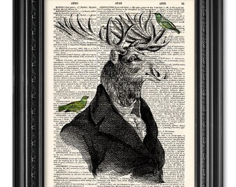 Elch, Elch Druck, Wörterbuch Kunstdruck, Lustiger Tierdruck, Vögel Druck, Wand dekor, Buchseiten, Geschenk poster, Geschenk für ihn [ART 158]