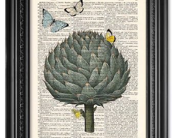 Artichoke with butterflies, Dictionary art print, Vintage book art print, Vegetable print, Kitchen wall Decor, Gift poster [ART 089]