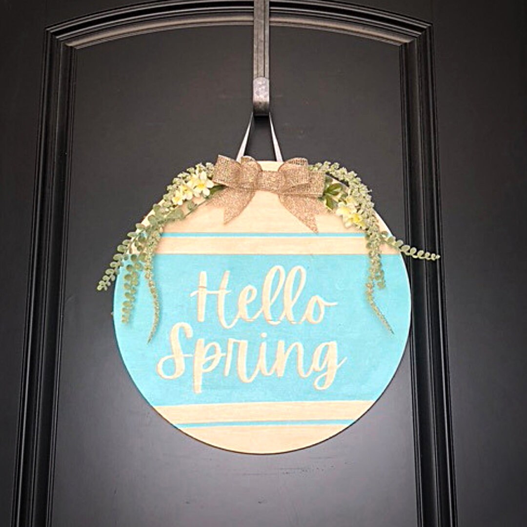 Hello Spring Wooden Door Hanger Etsy