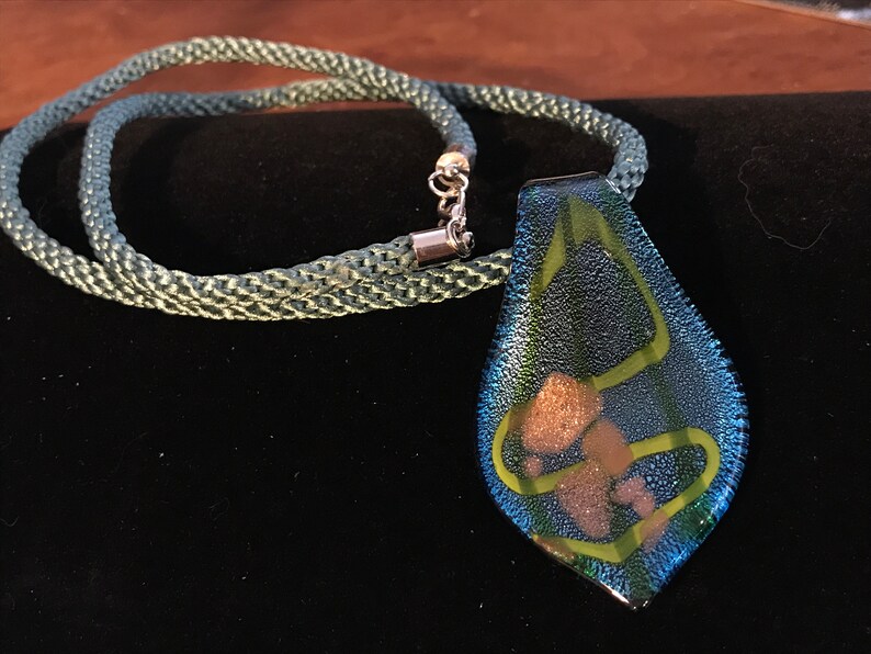 Blue Necklace Teal Necklace Artistic Necklace Glass Pendant Artsy Necklace Braided Necklace Statement Necklace Kumihimo Necklace