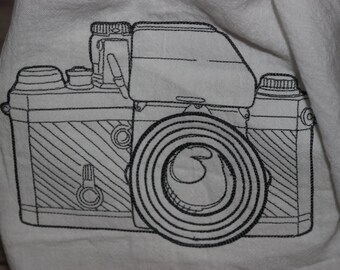 Sketched Camera Embroidered Floursack Towel, Camera Towel, Floursack Towel, Embroidered Towel, Cotton Towel, Sketchwork, Photographer Towel