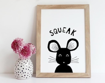 Mouse Print Nursery Wall Art Animals, Nursery Prints, Baby Animal Prints, Black and White Print, Black and White Wall Art, Digital Download