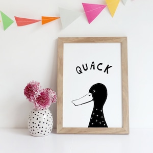 Animal Wall Art, Duck Quack Print, Monochrome Nursery Artwork, Artwork Nursery Animal, Farmyard Nursery Print, Farm Animal Print, Duck print image 1