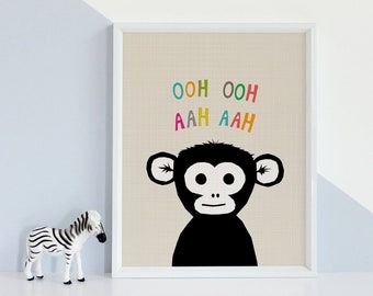 Monkey Art Print, Kid Room Decor, Jungle Wall Art, Baby Boy Bedroom, Monkey Nursery Art,  Nursery Decor, Cute Animal Wall Art,