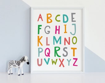 Colourful Alphabet Print, Kids Educational Wall Art Picture, Boys Bedroom Decor, Bedroom Wall Decor,  ABC Printable Nursery Art