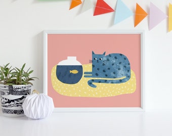 Cat and Fish Print Wall Art, Nursery Decor, Cat Mum Gift, Animal Prints, Funny Cat, Cute Cat, Nursery Wall Decor, Printable Art, Landscape