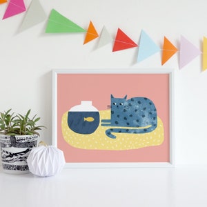 Cat and Fish Print Wall Art, Nursery Decor, Cat Mum Gift, Animal Prints, Funny Cat, Cute Cat, Nursery Wall Decor, Printable Art, Landscape image 1
