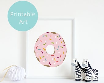 Donut Wall Art, Doughnut Print Kitchen Decor, Printable Wall Art Pink, Food Prints Digital