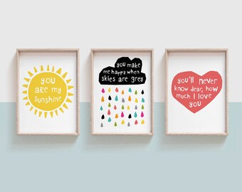 You Are My Sunshine Wall Art Set of 3 Printable Nursery Art, Sun Rainbow and Cloud Set, Mum Gift, Toddler Room, Square 5x7 8x10 11x14 A4 A3