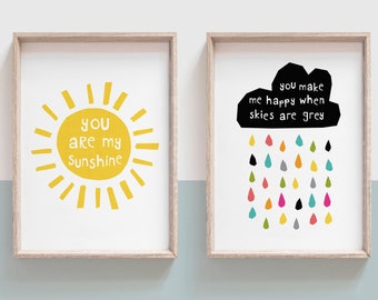 You Are My Sunshine Wall Art You Make Me Happy When Skies Are Grey Wall Art Set of 2 Playroom Art Kids Room Decor Kawaii Wall Art Kids Print