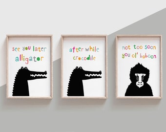 See You Later Alligator Goodbye Sign for Playroom or Hallway, Funny Nursery Wall Art, Nursery Rhyme set of 3, Song Lyrics Wall Art for Kids