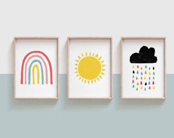 Set of 3 Print, Weather Printable Art, Girl or Boy Bedroom, Toddler Wall Art, Cloud Nursery Decor, Sun Print, Rainbow Nursery Printable